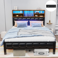 Double Bed Frame Industrial Metal Platform Bed with LED Headboard and Qhqavdkgww