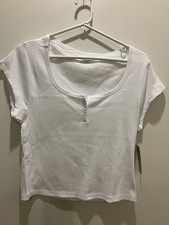 No Boundaries Women's Henley Crop Rib Tee Short Sleeves White Size XL (16-18)