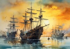 Three Georgian Ships on the Ocean Watercolor Painting Print 5"x7"