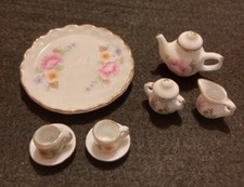 Miniature Porcelain Tea Set Doll House Child's Play Pink  Roses Yellow Flowers