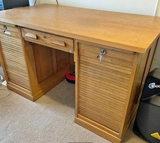 Vintage Oak Tambour Desk with Keys and Drawer Excellent Condition