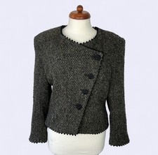 Vintage Boucle Wool Blend Dark Green Boxy Jacket Blazer UK Size 14