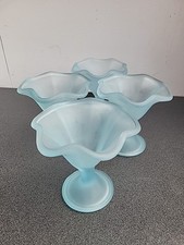 4xVintg Blue Frosted Ruffled Glass Pedestal Ice Cream Sundae Prawn Cocktail Dish