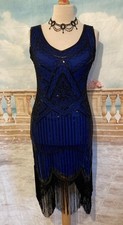 Dress 12 14  Black Fringe Blue Lining Beaded Sequin M Flapper Peaky Blinders