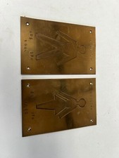 PAIR OF VINTAGE BRASS MALE & FEMALE TOILET SIGNS - CONSETT BUS STATION c1980
