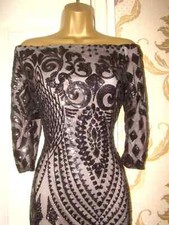 Quiz Black Sequin Ballgown Bardot Maxi Art Deco Evening Party Prom Dress Size 10