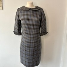 House of Bruar 100% Pure Wool Check Dress Size 10 Grey Blue Peter Pan Collar