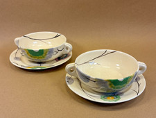 Clarice Cliff Bizarre Tresco Art Deco Two Handled Soup Bowls & Saucers c1932