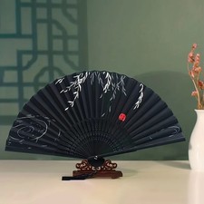 Silk Bamboo Folding Hand Fan Chinese Style Dance Party Wedding Decor Black UK