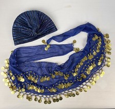 Girls Gypsy Fortune Teller Halloween Costume Hat Coin Scarf Sash Blue Dance