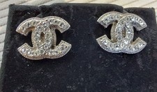 Chanel Classic Mini Double CC Earrings Light Gold With Crystal Detail