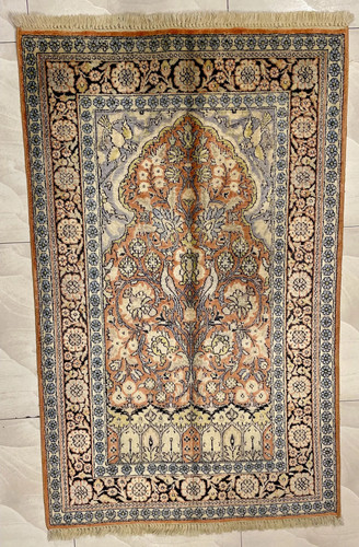 Vintage kashmiri silk area rug - silk,