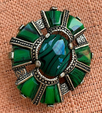 Vintage Miracle Brooch, Scottish Celtic, Green Malachite & Agate styled glass