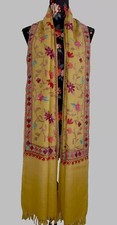 Yellow Pashmina Scarf Floral Aari Silk Hand Embroidery Shawl 100% Cashmere Wrap