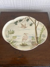 Antique Aesthetic Movement Trefoil Shape Plate/ Tray With Flamingo & Exotic Bird
