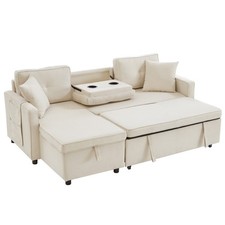 L-Shaped Corner Sofa Bed with Storage Chaise Pull-Out Sleeper Couch Beige Fabric