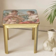 Gold side table with cherubs decoupage paper and blue accents | UPCYCLED Table
