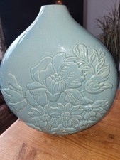 Large vintage Oriental celadon floral moon vase.