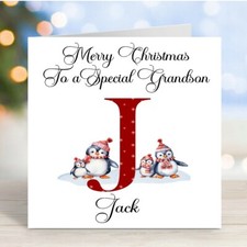 Penguin Initial Personalised Christmas Card  Son Daughter Grandson Granddaughter