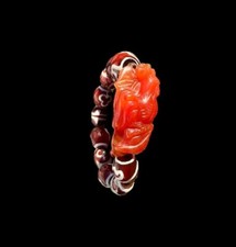 Genuine Tibetan Vintage Old Red  Dzi Beaded Bracelet 15mm with carved rooster