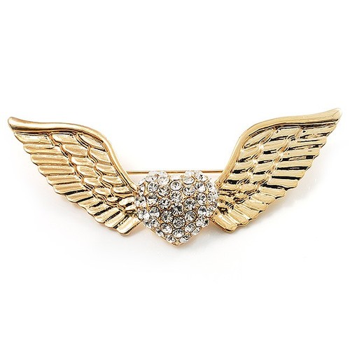 Crystal heart and wings - wings, brooch