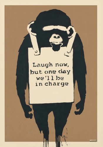 Banksy laugh now monkey sign - now,