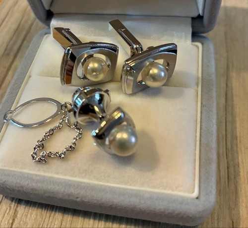 Silver pearl cufflink tie - cufflink,