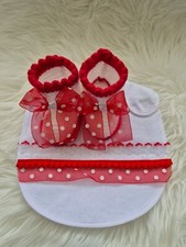 Romany Babies Booties And Bib Set 0-3 Months Red And White REDUCED 