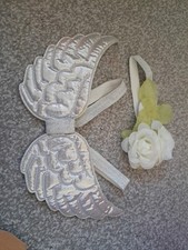 Baby Newborn Silver Shiny Light Padded Angel Wings And Floral Hair Band Set