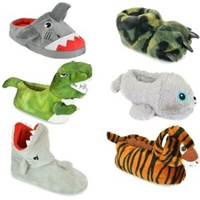 Boys Girls Kids Novelty 3D Character Plush Slippers Boots Animals Tiger  Dino 