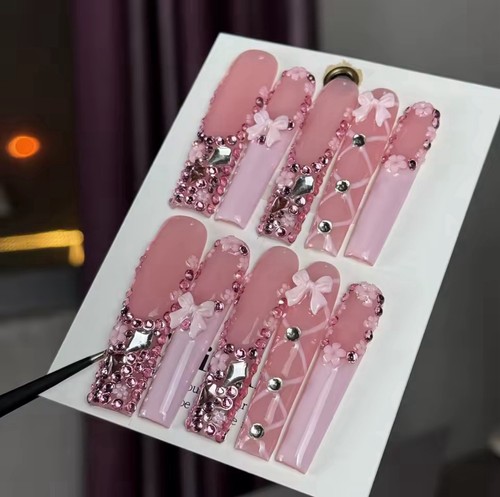 Pink bow press nails - nails, l