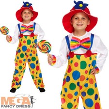 Clown Kids Fancy Dress Circus Boys Girls Childrens Costume + Child Hat Ages 4-12