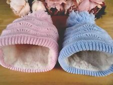 Baby Hat Fur Lined Pom Pom Pull On Beanie Boy Girl Blue Pink Crochet 0 3 6m