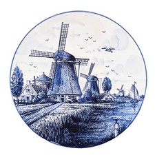 Vintage Delft Blue Wall Hanging Plate Hand painted Windmills Holland 10" 26 cm
