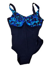 SPEEDO Womens One Piece Swimming Costume Blue Black Abstract Design UK 12 K