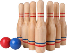 Premium Wooden Lawn Bowling Skittles Set with Carry Bag - 10 Pins & 2 Balls