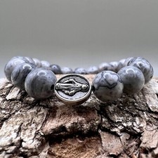 Handmade in Scotland Grey Italian Marble Miraculous Medal Rosary Beads Bracelet