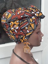 Satin-lined Pre-tied Turban/Head-wraps, Plus Matching Earrings, African Print