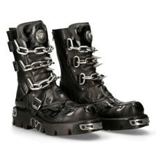 New Rock Unisex M.727-S1 Black Leather Boots Skull Chain Flame Reactor Boots
