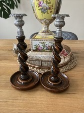 Pair of Vintage Barley Twist Wooden Oak Candle Stick Holders Metal Tops 10 Inch