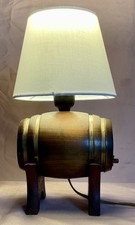 Vintage Small Wooden Barrel with Brass Bands Table Lamp with White Shade