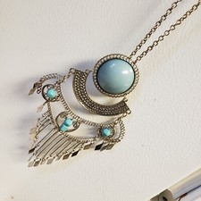 H & M Statement Necklace Tribal Boho Costume Silver Tone Ball Faux Turquoise 30"