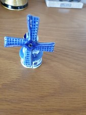 Miniature Windmill Ceramic Porcelain Hand Painted Blue Deft Style  Blades Move