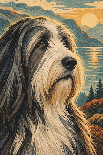 Bearded collie linocut - 3.,