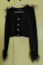 Boohoo Feather Trim Fluffy Cropped Cardigan Black Size S UK 10