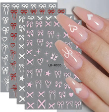 8 Sheets Heart Bow Tie Nail Art Stickers Decals Self-Adhesive Pink Nail Supplies