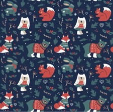 Polycotton Fabric Festive Forest Friends Animals Owl Fox Christmas Per Meter