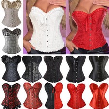 Womens Lace-Up Overbust Boned Satin Corset Bustier Burlesque Basque Costume Tops