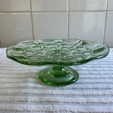 Antique Brockwitz Art Deco Green Glass Cake Stand Globus Range Moonprint Pattern