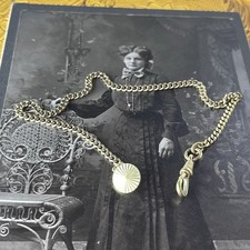 Antique Ladies Watch Chain - 10” Gold Tone - Button Fob Victorian Edwardian Era